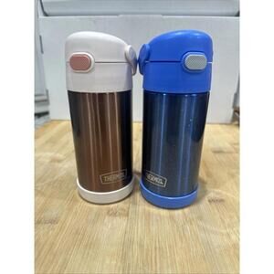 2 THERMOS 12 Oz Stainless Steel Vacuum Insulated blue & Rose Gold Glitter *